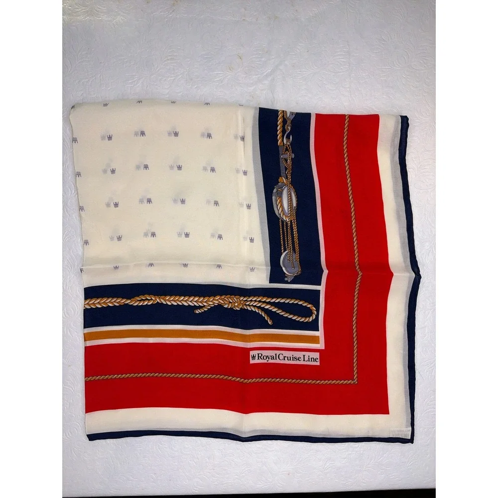 Royal Cruise Line Vintage Nautical Silk Scarf Red White Navy Blue Rope Crown